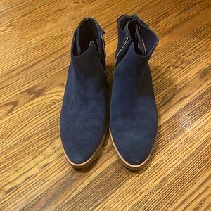 Navy ankle boots for women. Real suede upper with wooden heel. Classy.